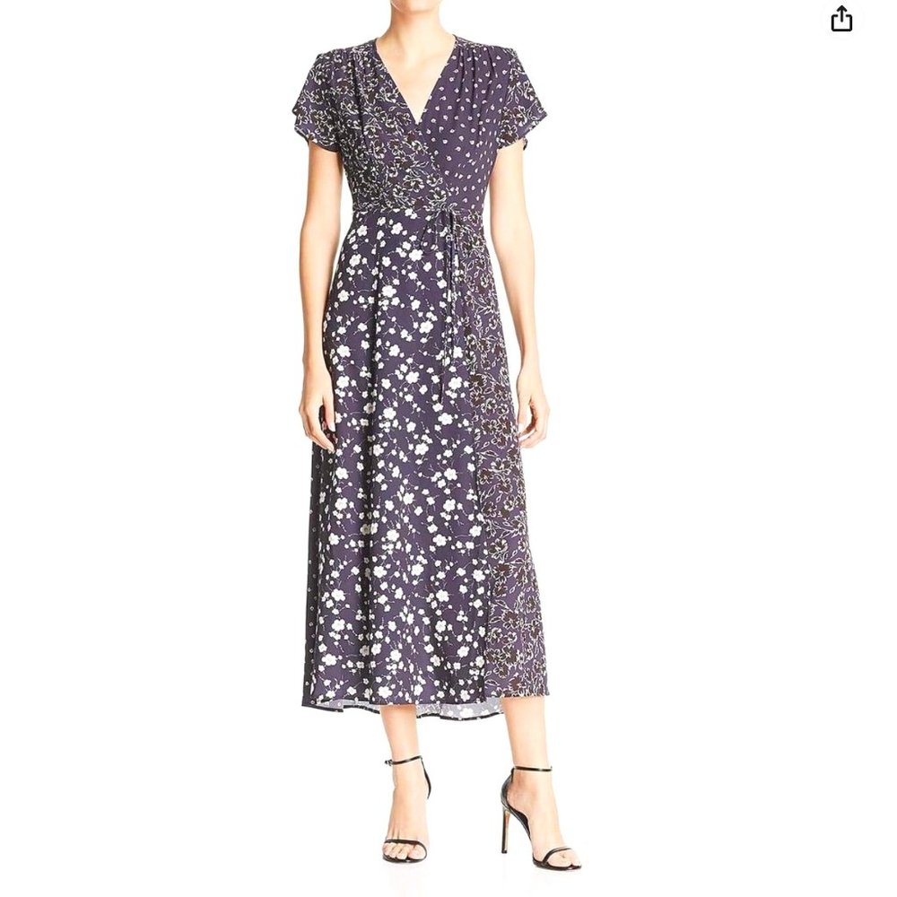 French Connection Frances Drape Slit Dress Blue Floral Faux Wrap Maxi Dress